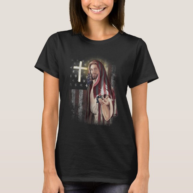 American Flag And Jesus Happy Independence Day 4th T Shirt (Framsida)