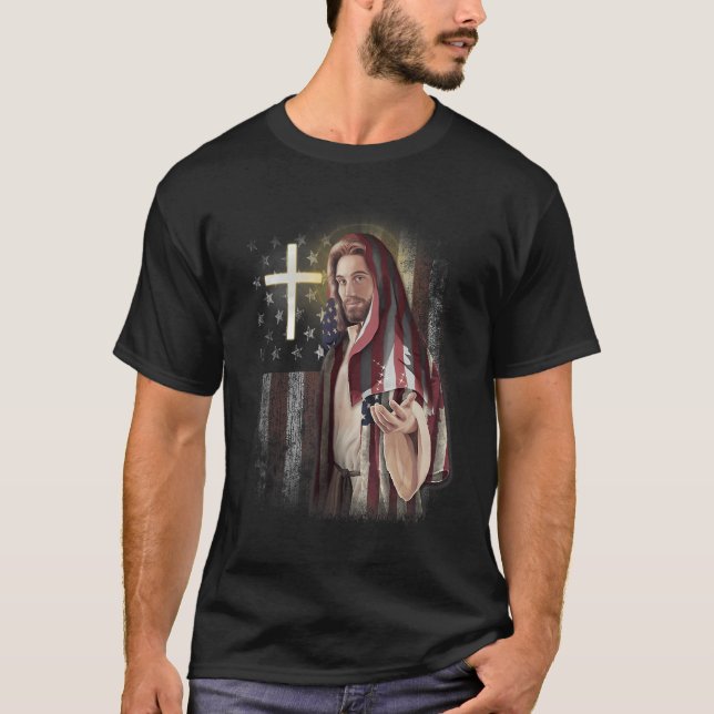 American Flag And Jesus Happy Independence Day 4th T Shirt (Framsida)