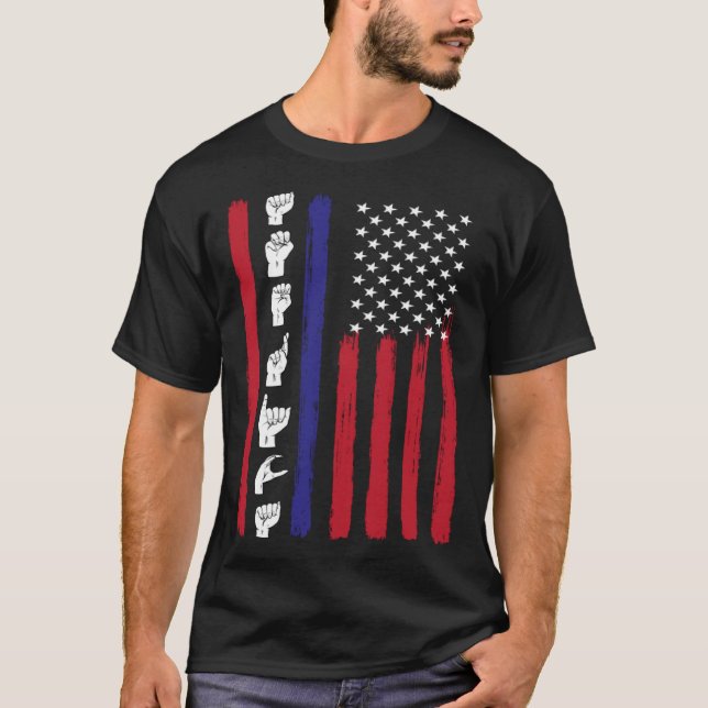 American Flag ASL American Sign Language America U T Shirt (Framsida)