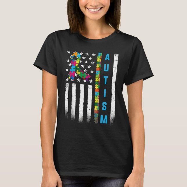 American Flag Autism Awareness Teacher Mom Support T Shirt (Framsida)