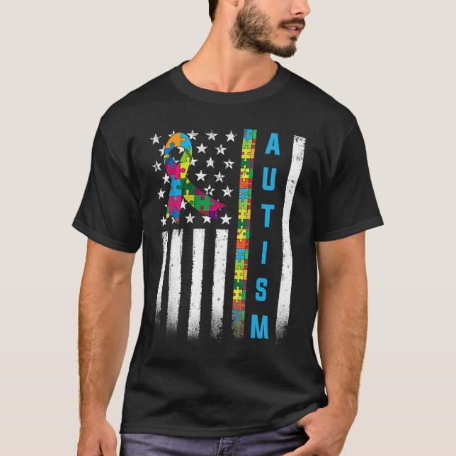 American Flag Autism Awareness Teacher Mom Support T Shirt (Framsida)
