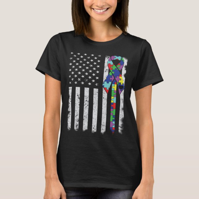 American Flag Autism Awareness Teacher Mom Support T Shirt (Framsida)