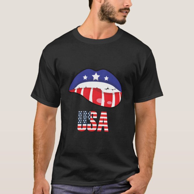 American Flag Biting Lip Usa 4Th Of July Independe T Shirt (Framsida)