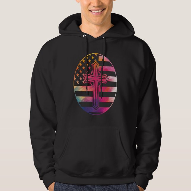 American Flag  Cross  America Pride Proud Christia Hoodie (Framsida)