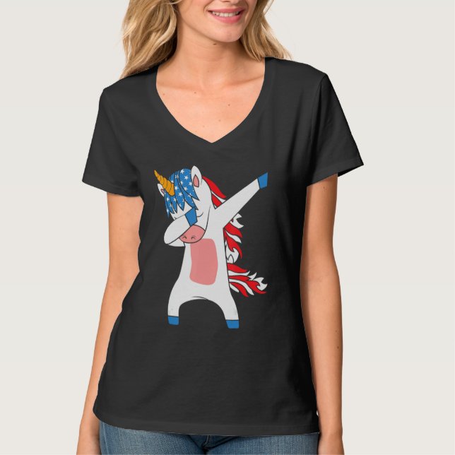 American Flag Dabbing Unicorn July 4th T Shirt (Framsida)