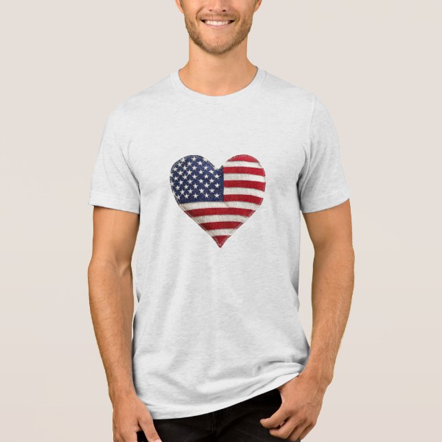 American Flag Fabric Heart Rustic Style Patriotism T Shirt (Framsida)