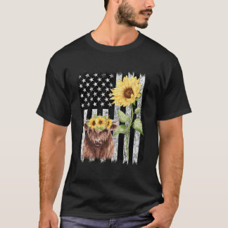 American Flag Farm Cow Farming Highland T Shirt