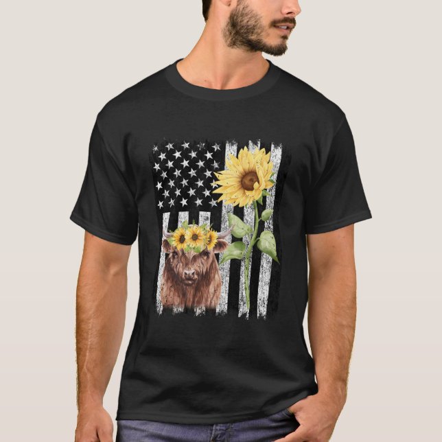 American Flag Farm Cow Farming Highland T Shirt (Framsida)