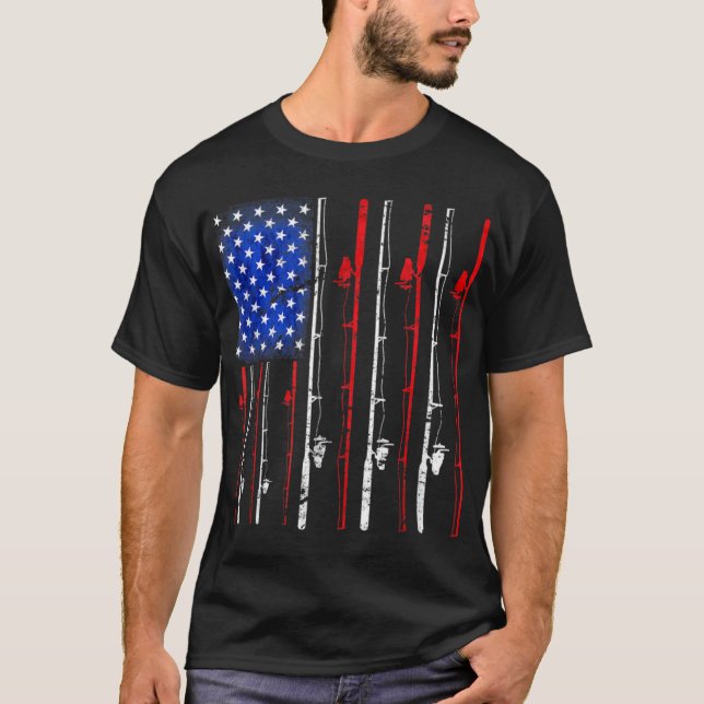 American Flag Fishing Rod Fishing Lover T Shirt (Framsida)