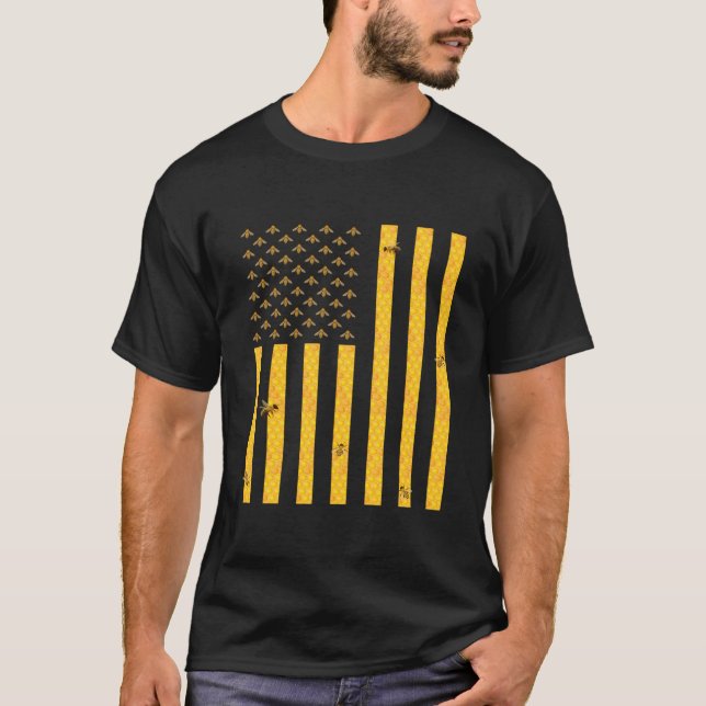 American Flag Honeycomb Honey Bee Beekeeg Beekeepe T Shirt (Framsida)