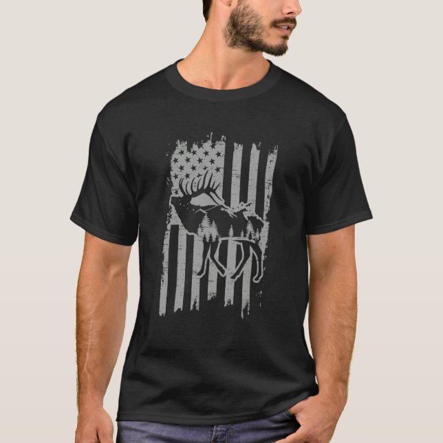 American Flag Moose Alaska Specie Wild Animal Hunt T Shirt (Framsida)