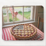 American Flag on a Cherry Pie Musmatta<br><div class="desc">Cherry pie with an American flag lattice crust on a red and white checkered tablecloth by a farmhouse window</div>