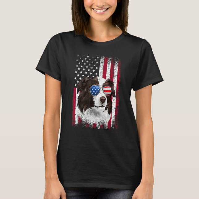 American Flag Patriotic Border Collie Dog  4th Of  T Shirt (Framsida)