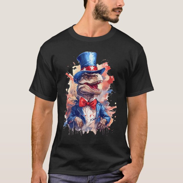 American Flag Patriotic Dinosaur 4th Of July T Shirt (Framsida)