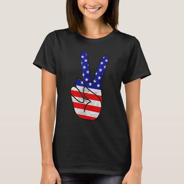 American Flag Peace Sign Hand Patriotic 4th Of Jul T Shirt (Framsida)