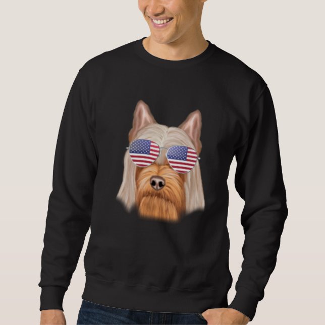American Flag Silky Terrier Dog America Pocket Lång Ärmad Tröja (Framsida)