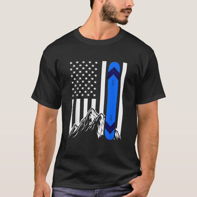 American Flag Snowboarding Gifts Mountain Snowboar T Shirt (Framsida)