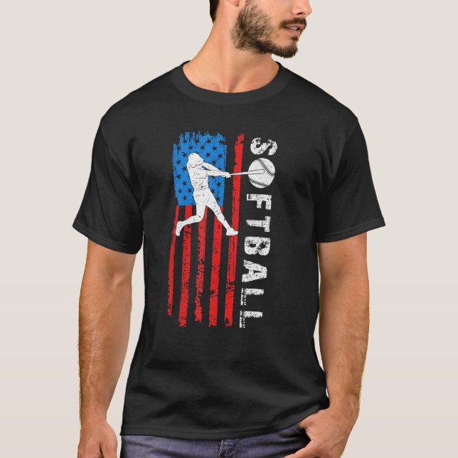 American Flag Softball Dad Sport Player Happy Fath T Shirt (Framsida)