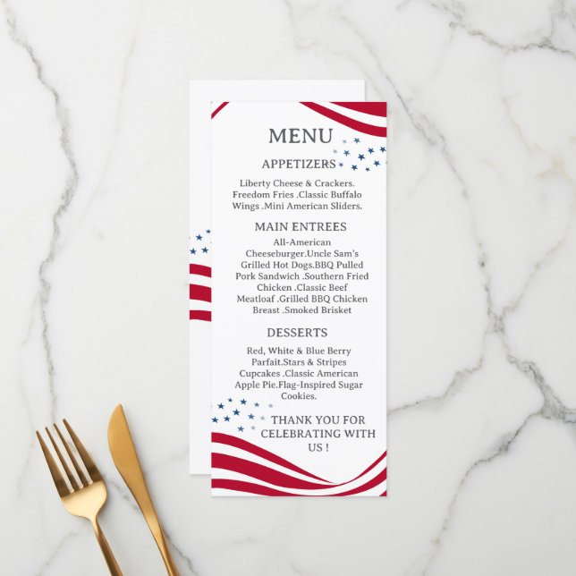 American Flag Theme Menu Card Meny (Fram/Back In Situ)