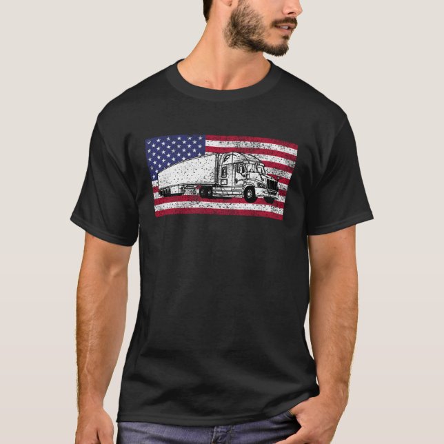 American Flag Truck Driver Distressed Big Rig T Shirt (Framsida)