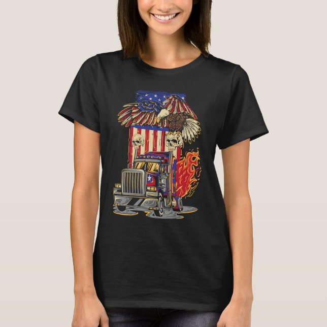 American Flag Truck Driver Trucker 4th of July Eag T Shirt (Framsida)