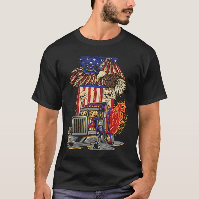 American Flag Truck Driver Trucker 4th of July Eag T Shirt (Framsida)