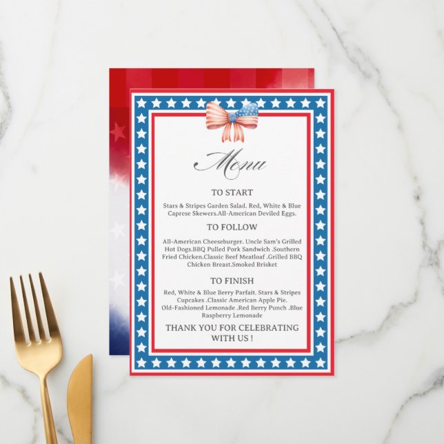 American Flag USA Flag Theme Menu Card Meny (Fram/Back In Situ)