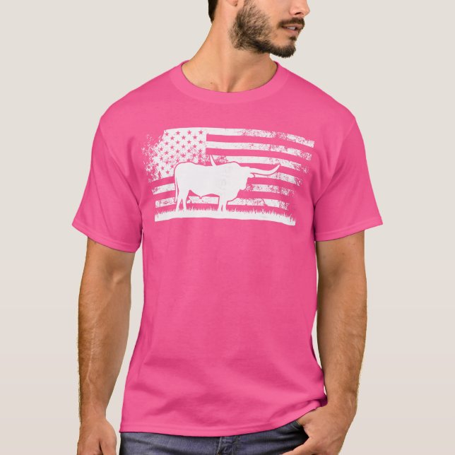 American Flag USAeas Longhorn Cow for Cattle Farme T Shirt (Framsida)