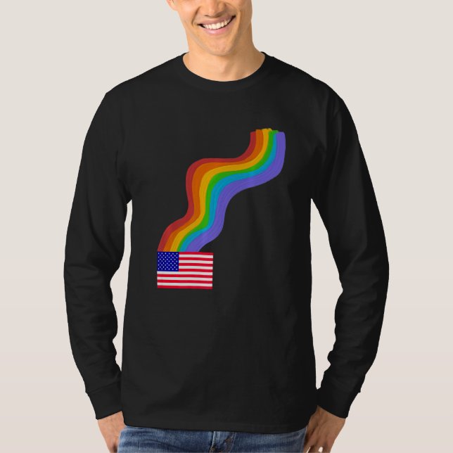 American Flag Wavy Rainbow ROYGBIV Pride in USA Ra T Shirt (Framsida)