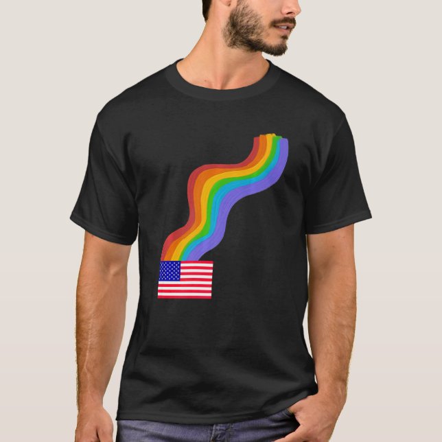 American Flag Wavy Rainbow ROYGBIV Pride in USA Ra T Shirt (Framsida)