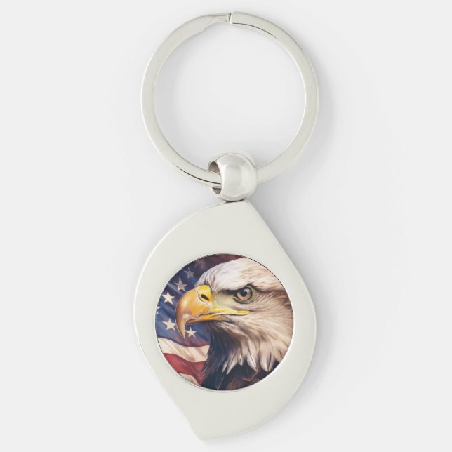 American Flag with Bald Eagle Head Swirl Silverfärgad Nyckelring (Framsidan)