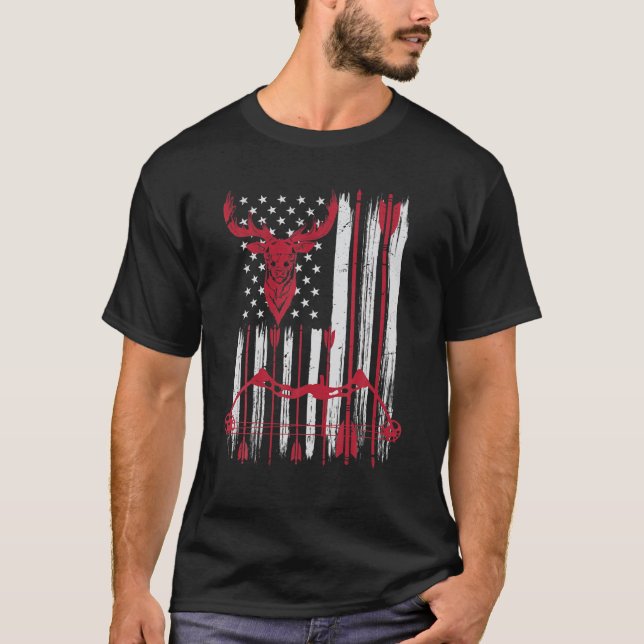 American Flagga Archery Bow Hjort Bowhunting Hunti T Shirt (Framsida)