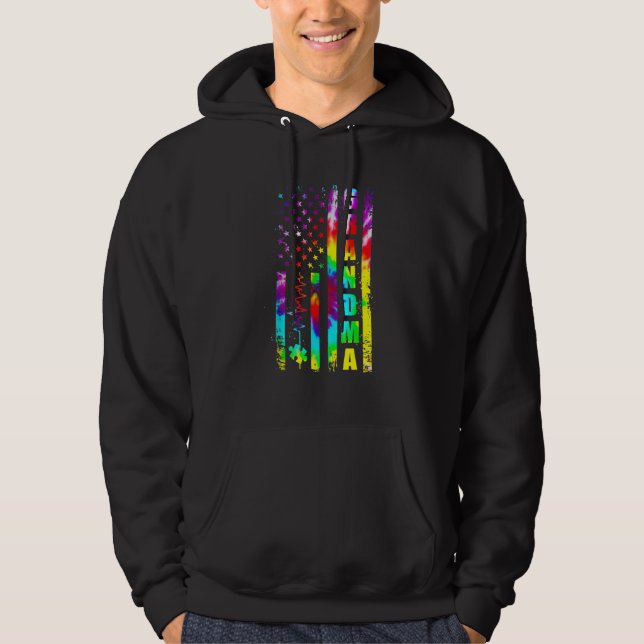American Flagga Autism Awareness Grandma Support T Hoodie (Framsida)
