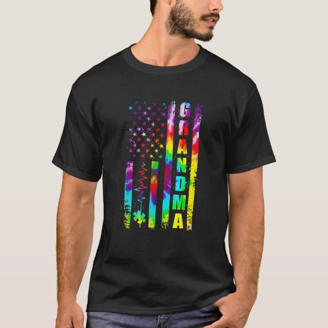 American Flagga Autism Awareness Grandma Support T Shirt (Framsida)