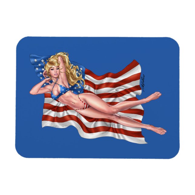 American Flagga Bikini Pinup Girl by Al Rio Magnet (Horisontell)