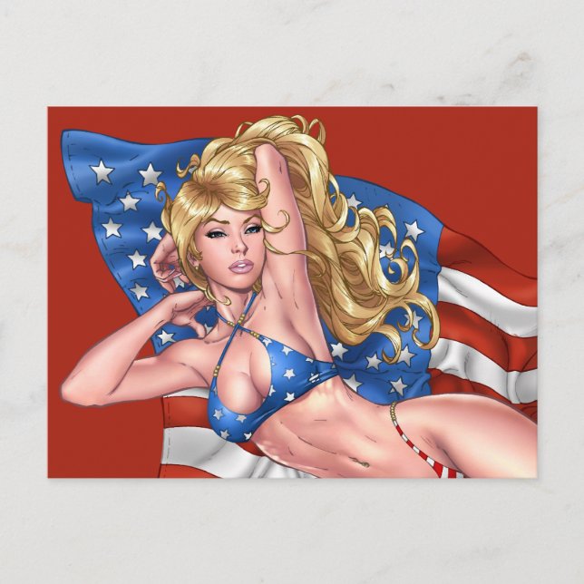American Flagga Bikini Pinup Girl by Al Rio Vykort (Framsida)