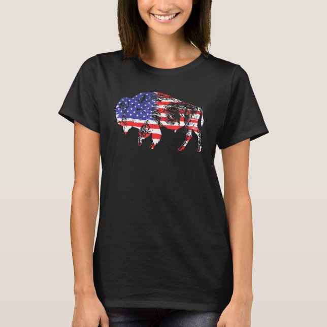 American Flagga Bison Buffalo Animal T Shirt (Framsida)