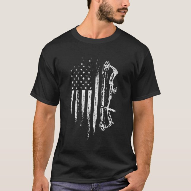 American Flagga Bowhunting Bow Archery for Hjort H T Shirt (Framsida)