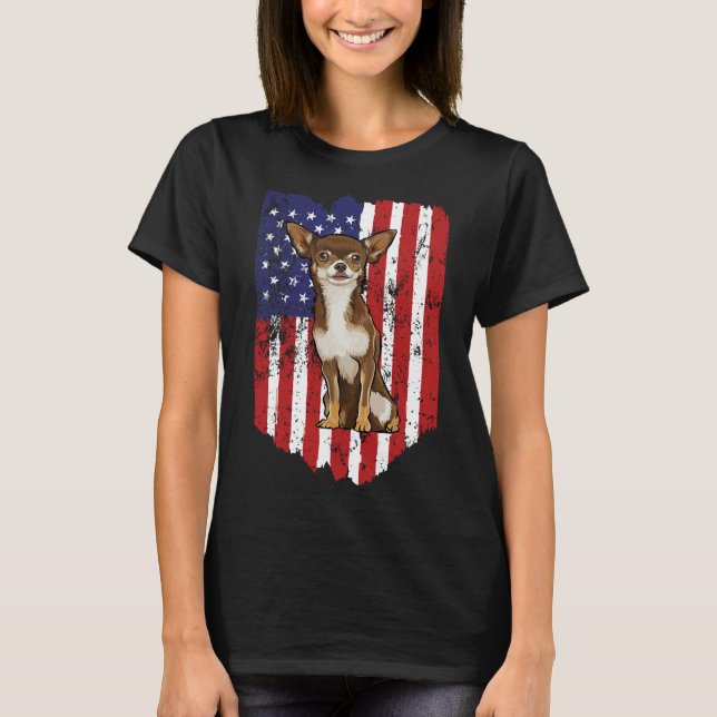 American Flagga Brown Chihuahua 4:e juli USA T Shirt (Framsida)