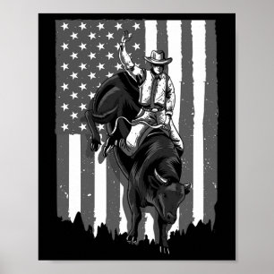 American Flagga Bull Riding Cowboy 4:e juli Patri Poster