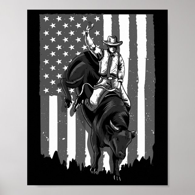 American Flagga Bull Riding Cowboy 4:e juli Patri Poster (Framsidan)