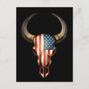 American Flagga Bull Skull on Black Vykort