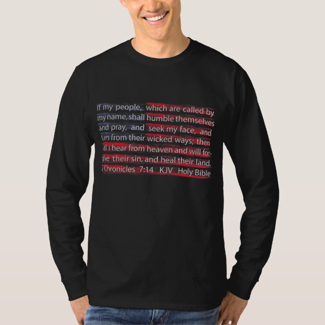 American Flagga Christian Scripture 2 Chronicles 7 T Shirt (Framsida)