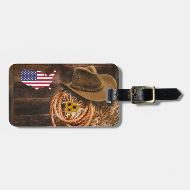 American Flagga Cowboy Hat lasso Bagagebricka (Horisontell Framsida)