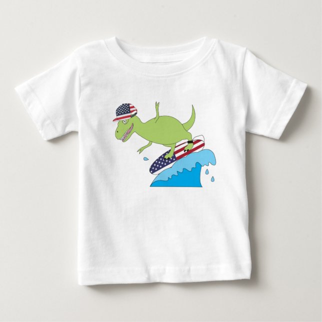 American Flagga Dinosaur Surfing T Shirt (Framsida)