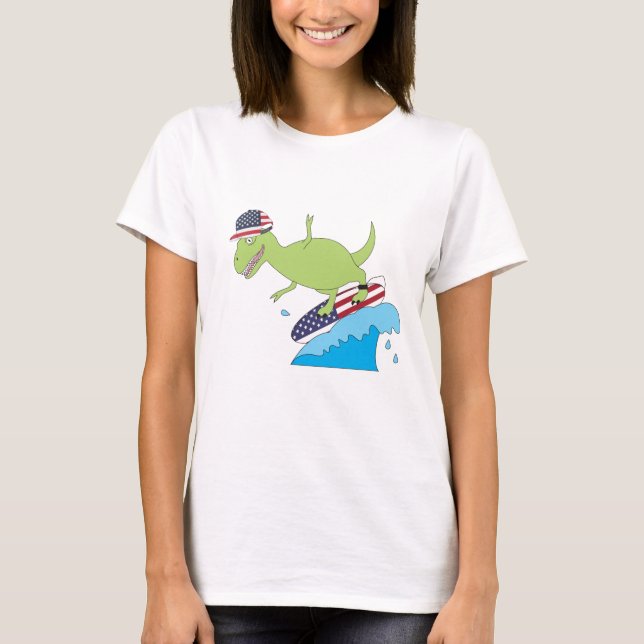 American Flagga Dinosaur Surfing T Shirt (Framsida)