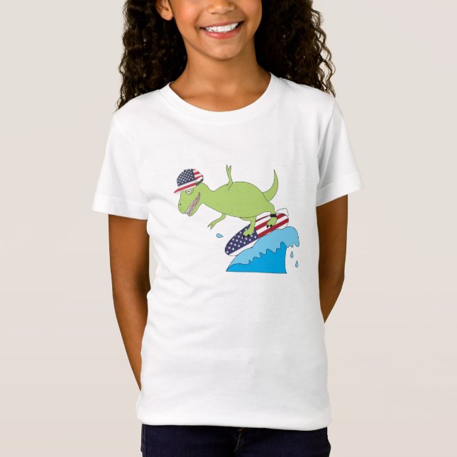American Flagga Dinosaur Surfing T Shirt (Framsida)