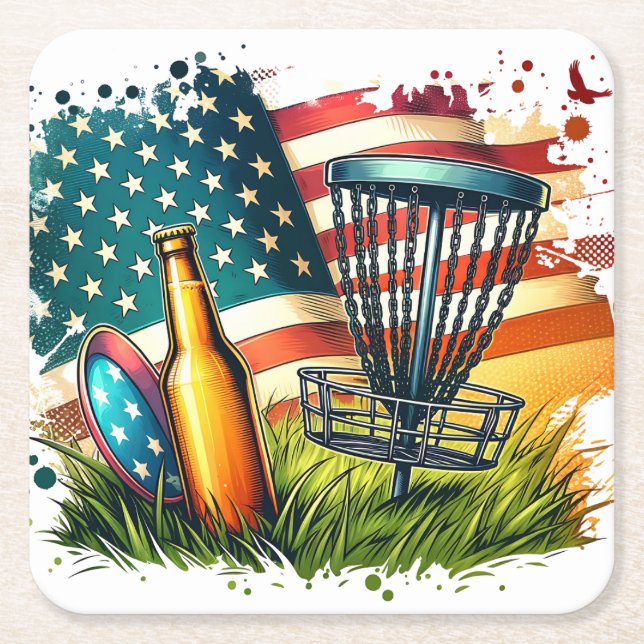 American Flagga Disk Golf and Beer Underlägg Papper Kvadrat (Framsidan)