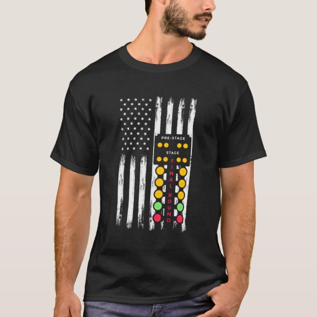 American Flagga Drag Strip Auto Träd Light Racecar T Shirt (Framsida)