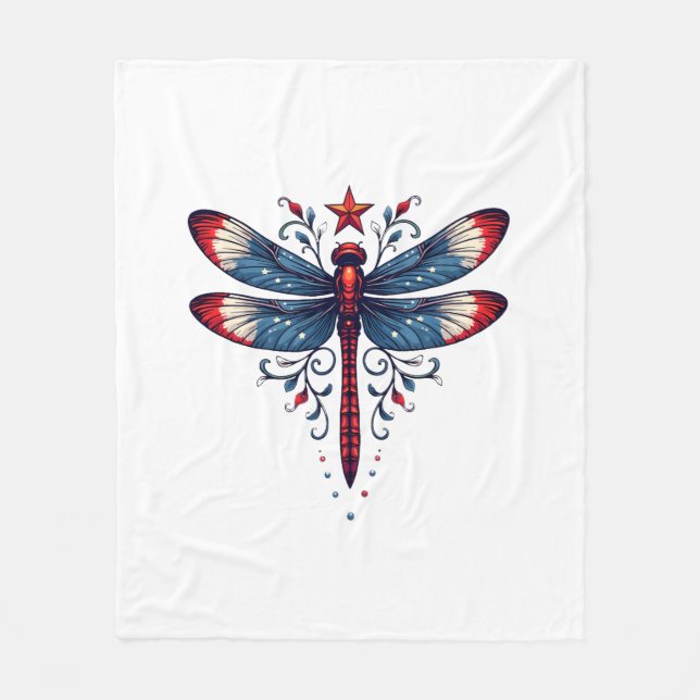 American Flagga Dragonfly Patriotic 4:e juli Red Fleecefilt (Framsidan)